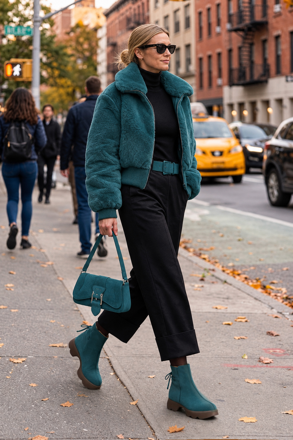 Women's peacock blue back lace-up ankle boots with round toe and chunky rubber sculpted sole - Worn view